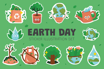 Earth Day Sticker Illustration Set - obrazy, fototapety, plakaty