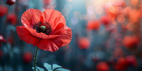 Symbolism of the Red Poppy on VE Day: Honoring Fallen Soldiers in World War Remembrance. Concept World War II Remembrance, Red Poppy Symbolism, VE Day Commemoration, fallen soldiers