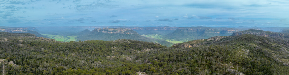 Fototapeta na wymiar Drone aerial panoramic photograph of a large green eucalyptus tree forest and valley in the Blue Mountains in New South Wales in Australia