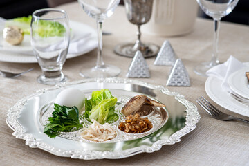 Festive Passover table setting . Pesach celebration	