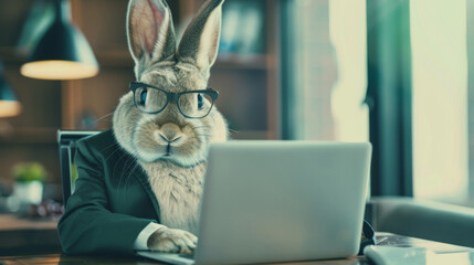 An adorable rabbit entrepreneur in a tailored suit and glasses working on a laptop computer in a contemporary office. - obrazy, fototapety, plakaty