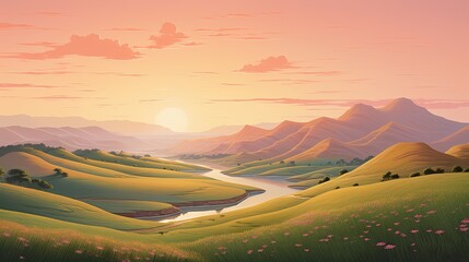 A serene landscape featuring rolling hills against a pastel peach sunset backdrop