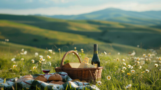 Picnic basket filled with artisanal tasty bread, delicious cheese, and rich wine, leisurely outdoor meal in the countryside.