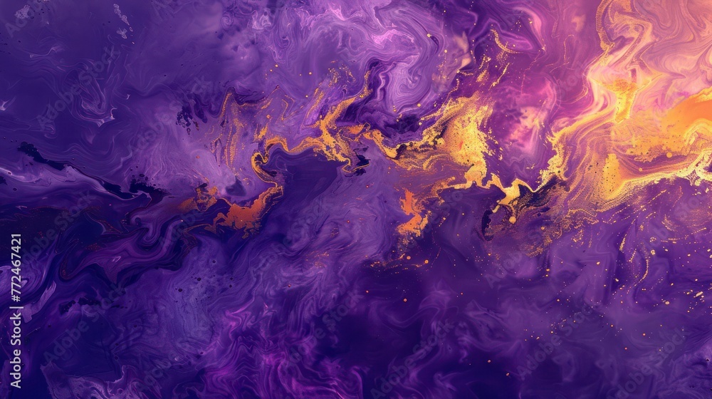 Poster a swirling mixture of purple and gold, creating a vibrant fluid art pattern with a sense of movement
