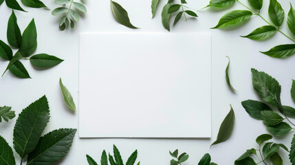 flat lay with green leaves and white postcard with copy space - obrazy, fototapety, plakaty