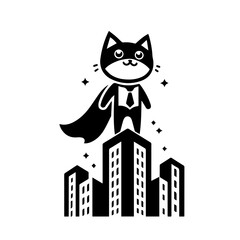 Silhouette SVG of a Cat superhero on top of buildings, black vector on white background