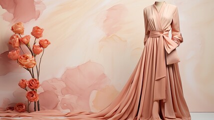 An elegant fashion ensemble in shades of pastel peach against a muted backdrop