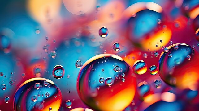 Abstract colourful patterns of bubbles in water against vibrant defocused background extreme close-up