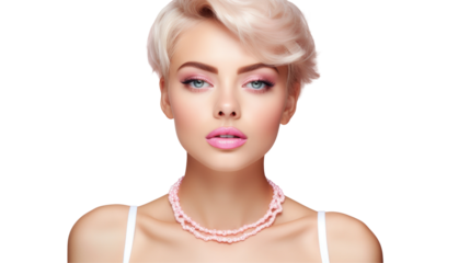 The womans pink pearl necklace contrasts beautifully with her white bra, highlighting her neck and skin while drawing attention to her jawline and chin on transparent
