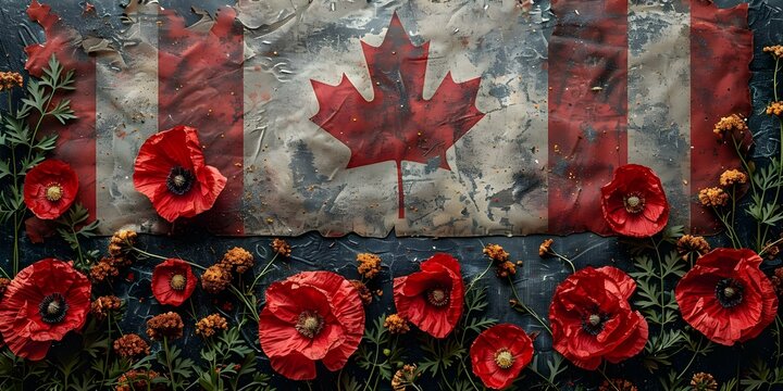 Canadian flag with red poppies to honor veterans on Remembrance Day November 11. Concept Remembrance Day tribute, Veterans honor, Canadian flag, Red poppies, Patriotic photography