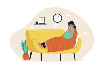 A sick woman at sofa illustration.  Vector flat illustration