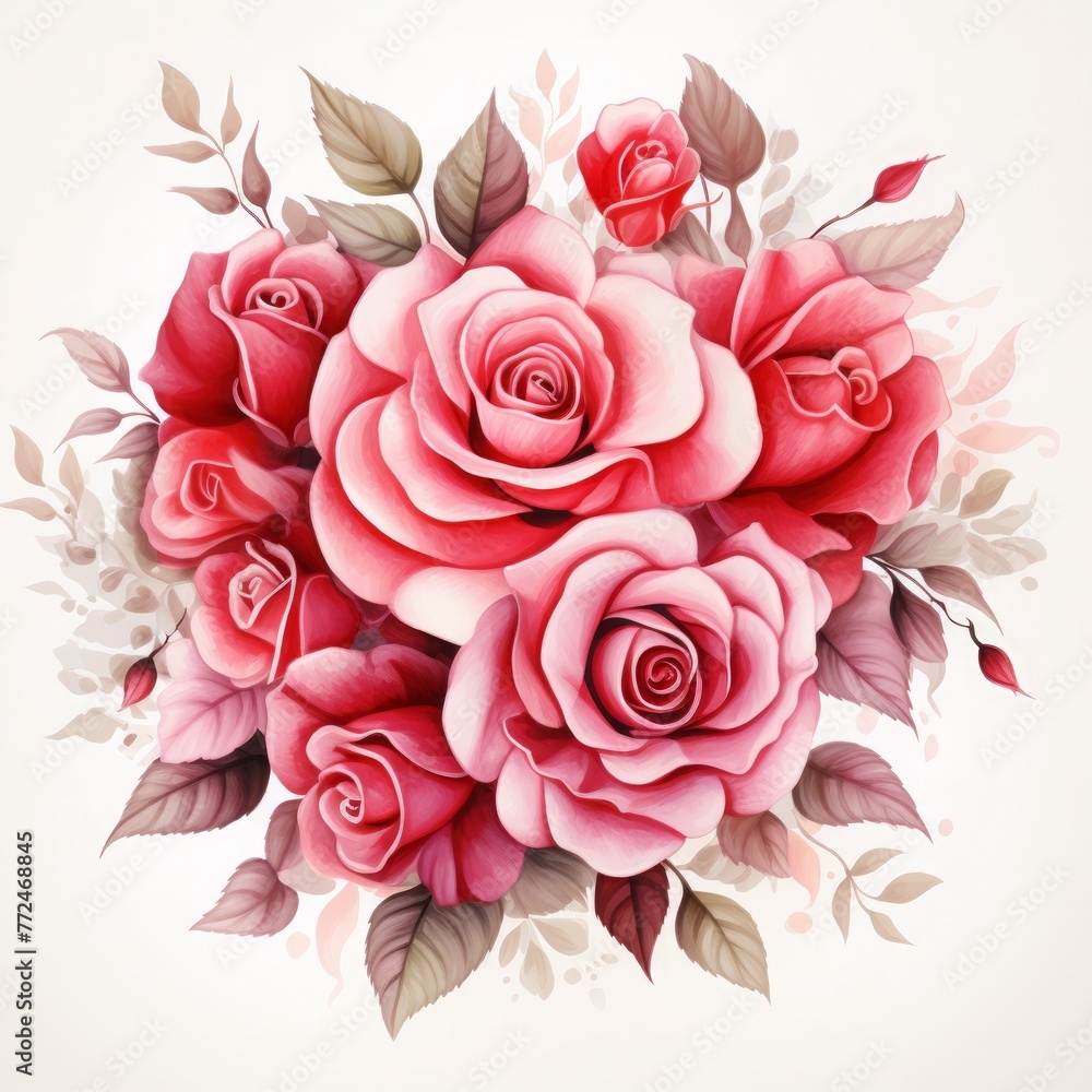 Wall mural red and pink watercolor rose floral love shape luxury design on white background