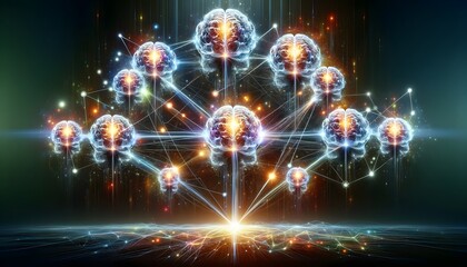 Fototapeta premium Multiple Human Brains Connected By A Network Of Light Or Energy