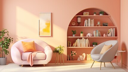 An inviting book nook with pastel peach walls and comfortable seating - obrazy, fototapety, plakaty