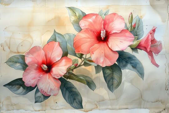 Aged paper textured background enhances the beauty of the watercolor painting of vibrant pink hibiscus flowers with delicate green leaves
