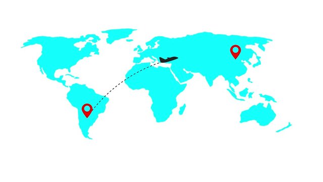 Plane flying on the world map leaving the trail. Route and two points on the map. World map of airline airplane flight path. Travel around the world plane route.