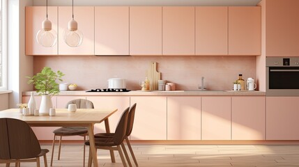 Fototapeta na wymiar An inviting kitchen space with pastel peach cabinets and modern appliances.