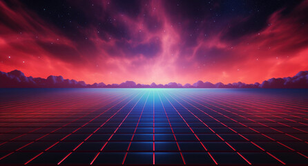 Red grid floor on a glow neon night red grid background, in the style of atmospheric clouds, concert poster, rollerwave, technological design, shaped canvas, smokey vaporwave background.