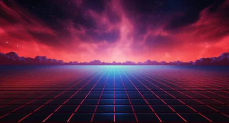 Muurstickers Red grid floor on a glow neon night red grid background, in the style of atmospheric clouds, concert poster, rollerwave, technological design, shaped canvas, smokey vaporwave background. © ribelco