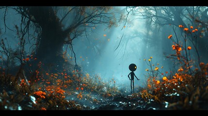 Cartoon character Stickman is standing in middle of a dense forest, surrounded by trees and leaves - obrazy, fototapety, plakaty