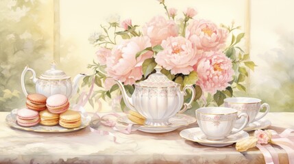 Obraz na płótnie Canvas a charming tea party with dainty pastel peach-colored tableware and floral accents