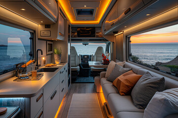 Luxury RV Interior Overlooking Ocean Sunset, Modern Comfort on Wheels