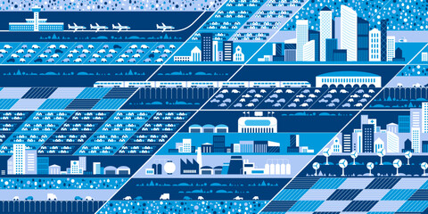 Cityscape panorama. Megapolis city view. Smart city. Urban landscape with many building. Collection of houses, skyscrapers, buildings, supermarkets with streets and traffic. Vector illustration - 772470038