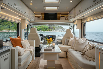 Luxurious Modern RV Interior Design by Ocean, Comfortable Travel Home - 772470050