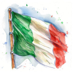 Watercolor Illustration of the Tricolor Italian Flag Waving Artistically - 772470095