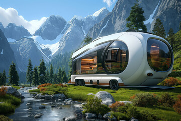 Futuristic Self-Driving House on Wheels Amidst Breathtaking Mountainous Landscape - 772470235