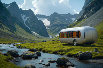 Futuristic Autonomous Travel Pod on a Lush Green Valley with Mountains - 772470251