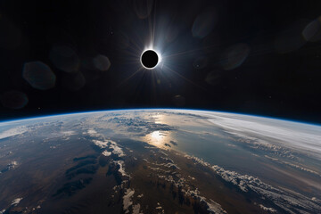 Magnificent Solar Eclipse Viewed from Space Over Earth with Clouds, April 8 - 772470255