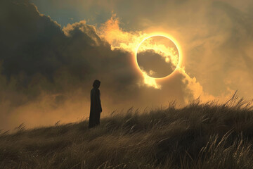 Ethereal Landscape with Solitary Figure Under a Luminous Celestial Phenomenon, Solar Eclipse 2024, April 8 - obrazy, fototapety, plakaty
