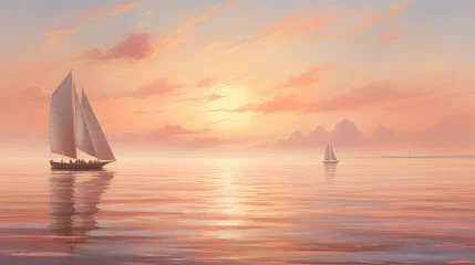 Zelfklevend Fotobehang Render a serene pastel peach-colored seascape with sailboats gliding on calm waters. © DayByDayCanvas