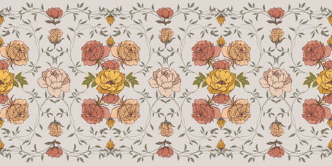 Floral, botanical horizontal ornament. Endless classical border with roses, plants, leaves. Colorful blossoms, buds.