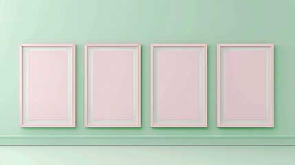 Six minimalist art gallery poster frame mockups in soft pastel pink, arranged in two columns of three on a solid soft green wall, evoking a gentle, calming atmosphere with a minimalist vibe.