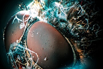 Extreme macro photo of a fly's head. Compounded eyes and antennae, with a blue tint © Höyka Studio