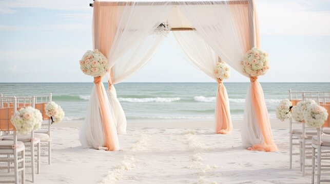 Render an elegant pastel peach-colored beach wedding with soft coastal elements.