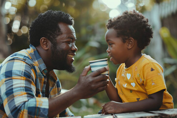 Happy father giving water from a cup to his little son to drink - obrazy, fototapety, plakaty