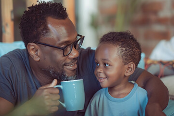Father with little son, dad drinks coffee and talks to son - obrazy, fototapety, plakaty