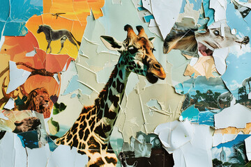 Fototapeta premium Collage of animals, giraffe and other animals from orrez paper collected on a background