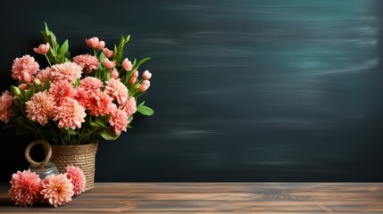 Bouquet of pink flowers in a vase on a blackboard background