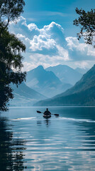 Man Kayaking in Tranquil Lake Surrounded by Scenic Mountain Landscape
