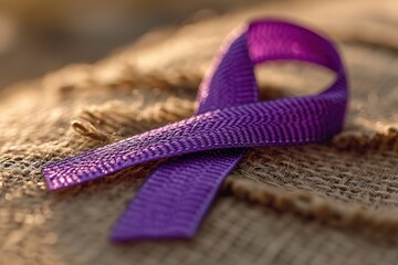 Pancreatic Cancer Awareness Ribbon Close-up of a purple ribbon symbolizing pancreatic cancer awareness, with information on risk factors