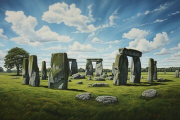 Stonehenge field painting. England stones landmark history meadow. Generate ai - obrazy, fototapety, plakaty