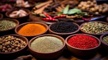 Obraz na płótnie Canvas Colorful background of various herbs and spices for cooking in bowls, Spices - Seasonings, Food India, Indian culture, Raw materials for banner design , Generate AI