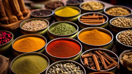   Colorful background of various herbs and spices for cooking in bowls, Spices - Seasonings, Food   India, Indian culture, Raw materials for banner design , Generate AI