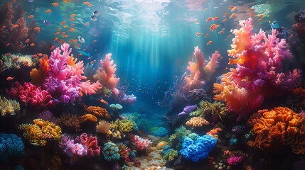 Witness the breathtaking beauty of a coral garden in full bloom, a kaleidoscope of colors teeming...
