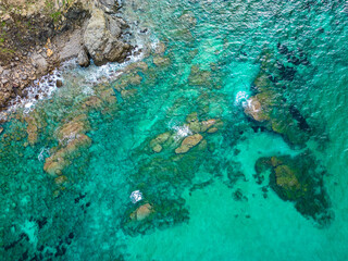 Aerial drone view of Cala del Pilar beach scenery of Menorca, near Ferreries - 772471469