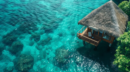 Exclusive overwater bungalow retreat surrounded by crystal clear turquoise waters.